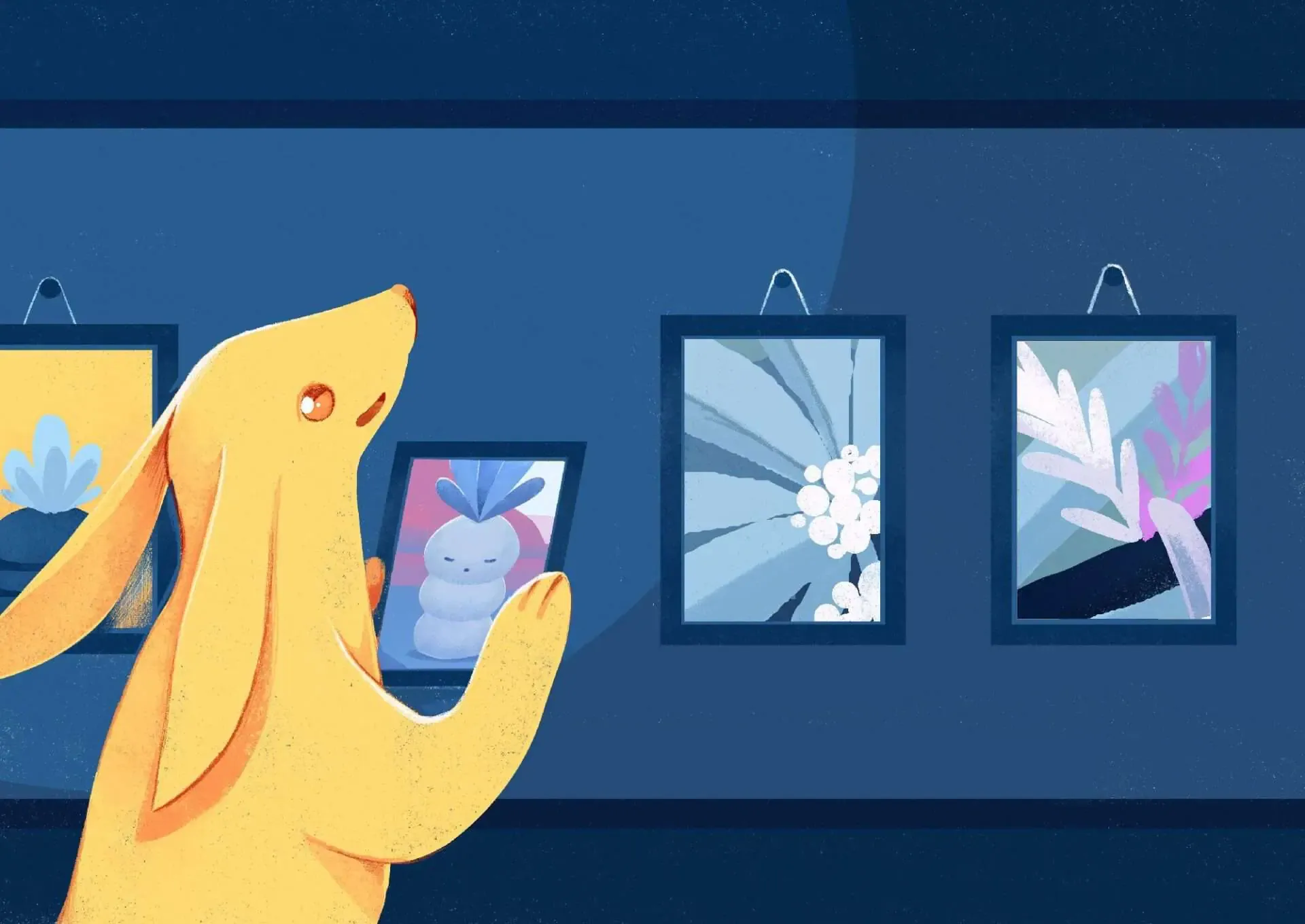 An illustrated yellow creature admires framed pictures on a wall, including a portrait of a purple creature and abstract floral designs.